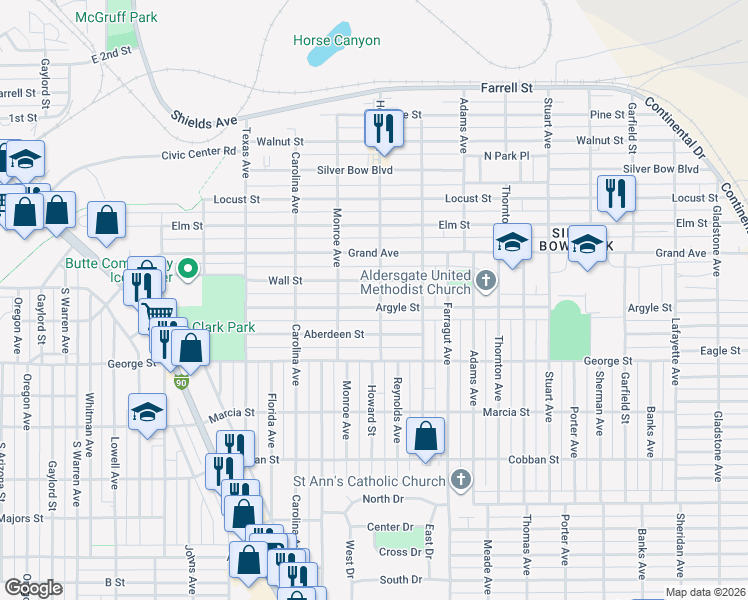 map of restaurants, bars, coffee shops, grocery stores, and more near 2142 Wall Street in Butte