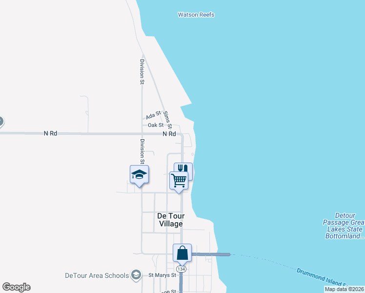 map of restaurants, bars, coffee shops, grocery stores, and more near 608 Ontario Street in De Tour Village