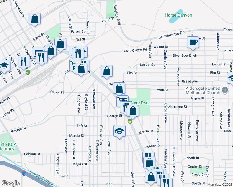 map of restaurants, bars, coffee shops, grocery stores, and more near 1618 Interstate 90 Business Loop in Butte