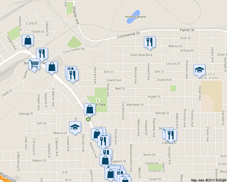 map of restaurants, bars, coffee shops, grocery stores, and more near 1920 Wall Street in Butte