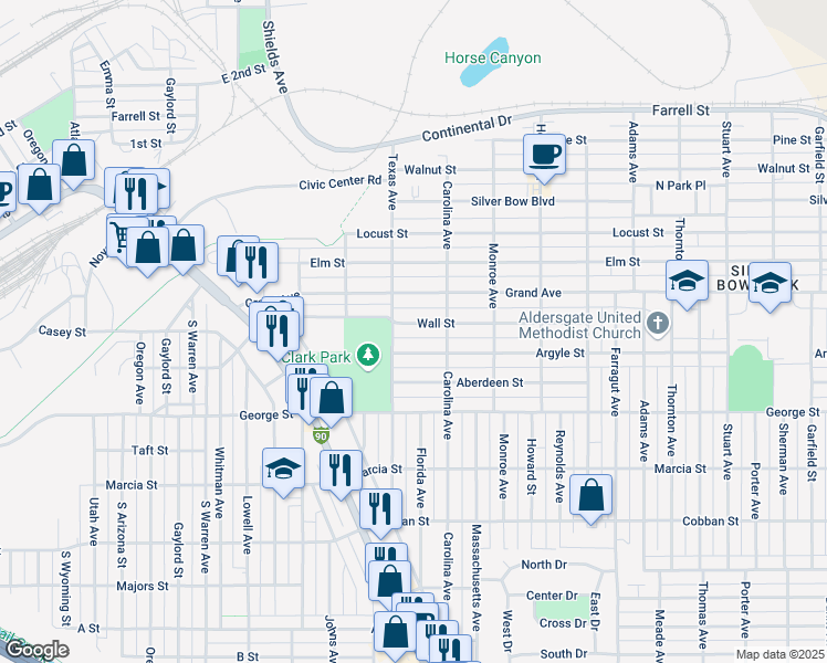 map of restaurants, bars, coffee shops, grocery stores, and more near 1920 Wall Street in Butte