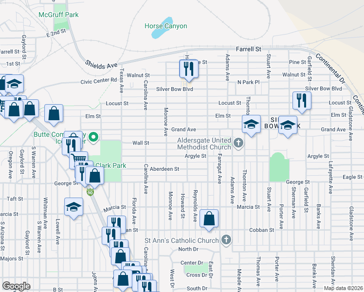 map of restaurants, bars, coffee shops, grocery stores, and more near 2142 Wall Street in Butte