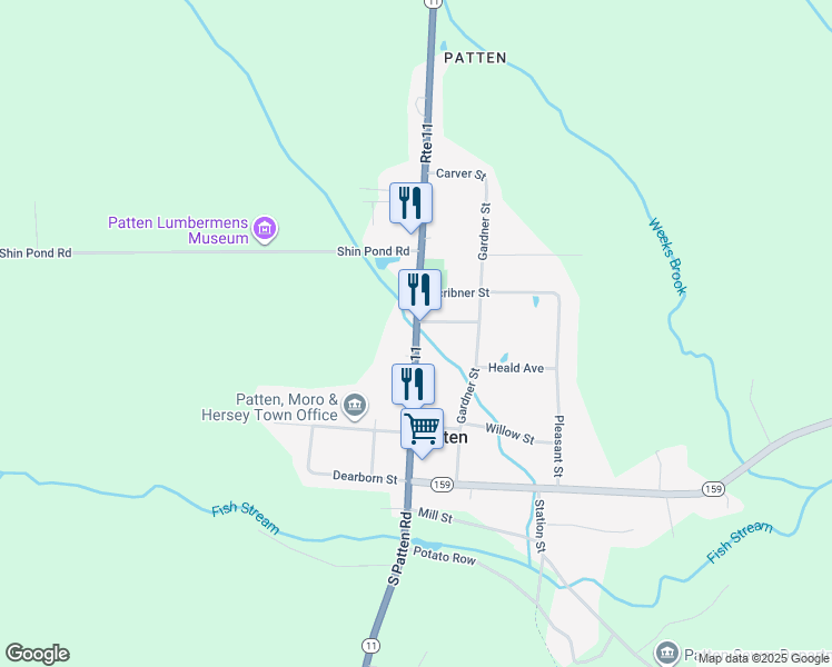 map of restaurants, bars, coffee shops, grocery stores, and more near 100 Maine 11 in Patten