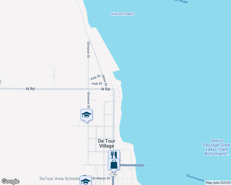 map of restaurants, bars, coffee shops, grocery stores, and more near 608-618 Ontario Street in De Tour Village