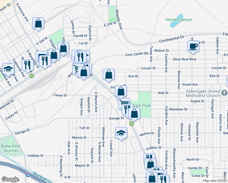 map of restaurants, bars, coffee shops, grocery stores, and more near 1618 Interstate 90 Business Loop in Butte
