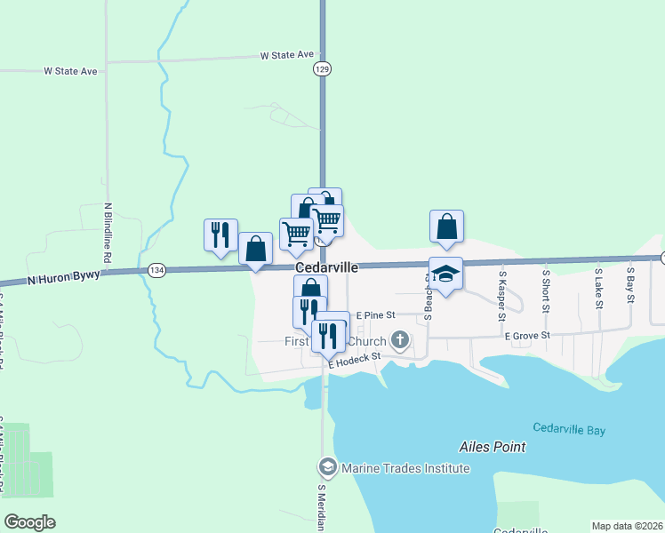 map of restaurants, bars, coffee shops, grocery stores, and more near Michigan 134 in Cedarville