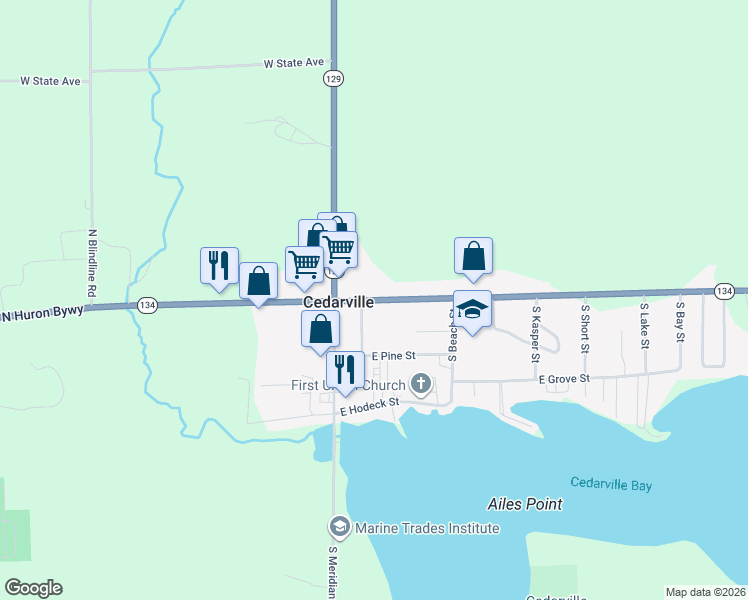 map of restaurants, bars, coffee shops, grocery stores, and more near Michigan 134 in Cedarville