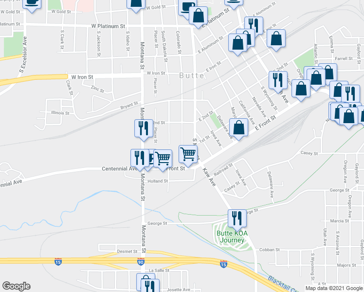 map of restaurants, bars, coffee shops, grocery stores, and more near South Colorado Street in Butte
