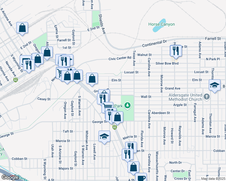 map of restaurants, bars, coffee shops, grocery stores, and more near 1699 Home Avenue in Butte