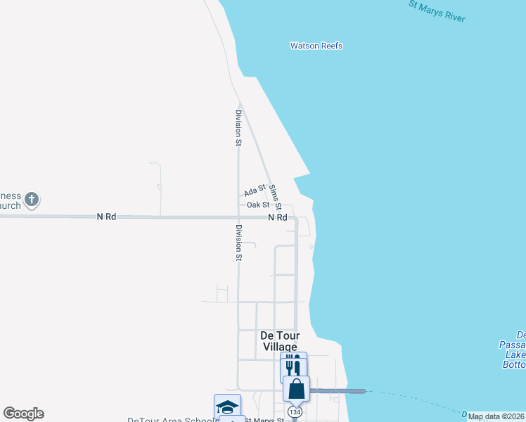 map of restaurants, bars, coffee shops, grocery stores, and more near 801-811 Oak Street in De Tour Village