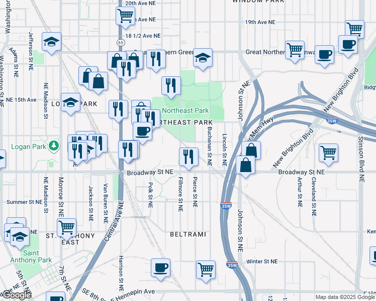 map of restaurants, bars, coffee shops, grocery stores, and more near 1130 Pierce Street Northeast in Minneapolis