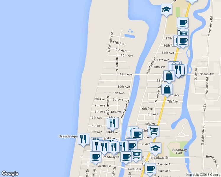 map of restaurants, bars, coffee shops, grocery stores, and more near 251 10th Avenue in Seaside