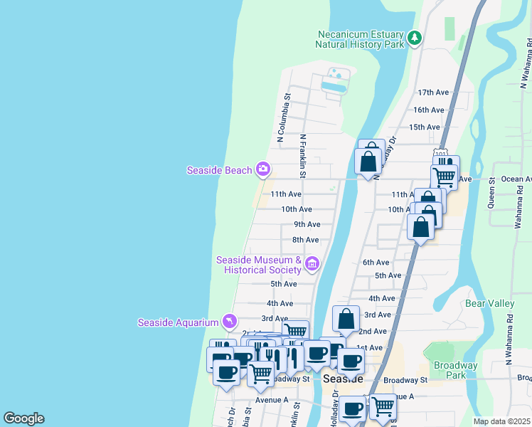 map of restaurants, bars, coffee shops, grocery stores, and more near 122 10th Avenue in Seaside