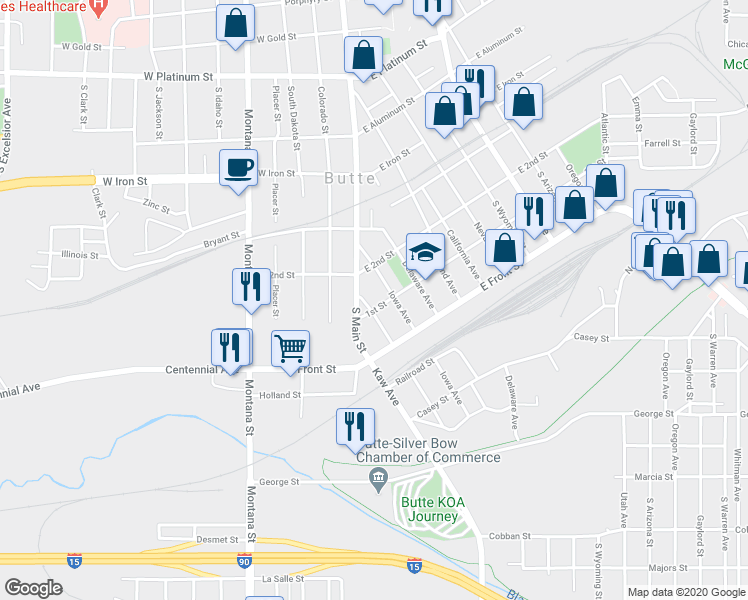 map of restaurants, bars, coffee shops, grocery stores, and more near 1044 Missouri Avenue in Butte