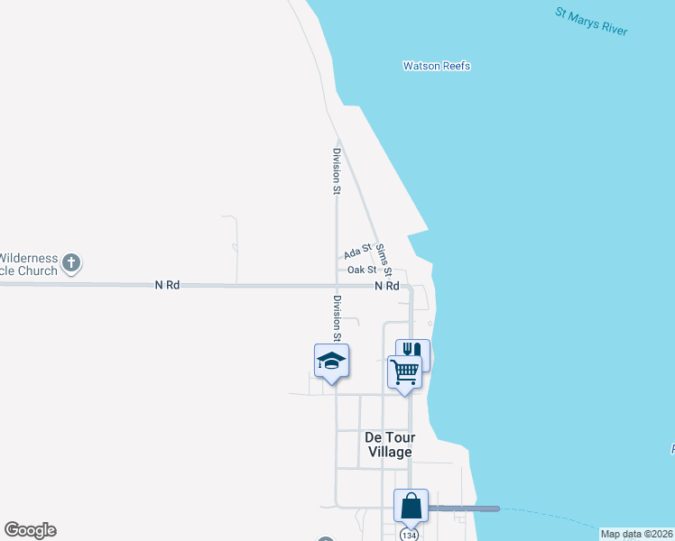 map of restaurants, bars, coffee shops, grocery stores, and more near 801 Oak Street in De Tour Village