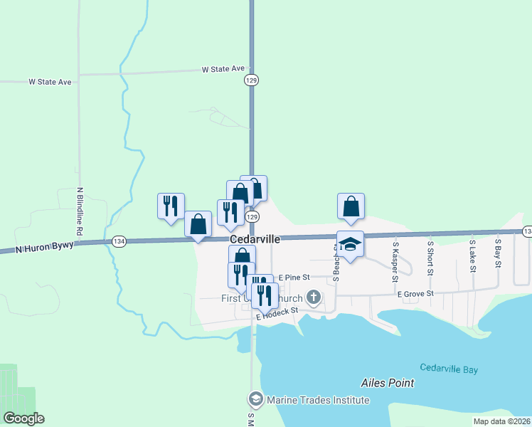 map of restaurants, bars, coffee shops, grocery stores, and more near 75 East M 134 in Cedarville