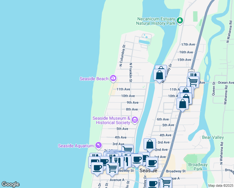 map of restaurants, bars, coffee shops, grocery stores, and more near 122 10th Avenue in Seaside