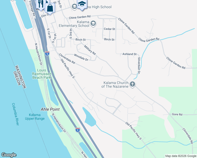 map of restaurants, bars, coffee shops, grocery stores, and more near 17 Parkland Drive in Kalama