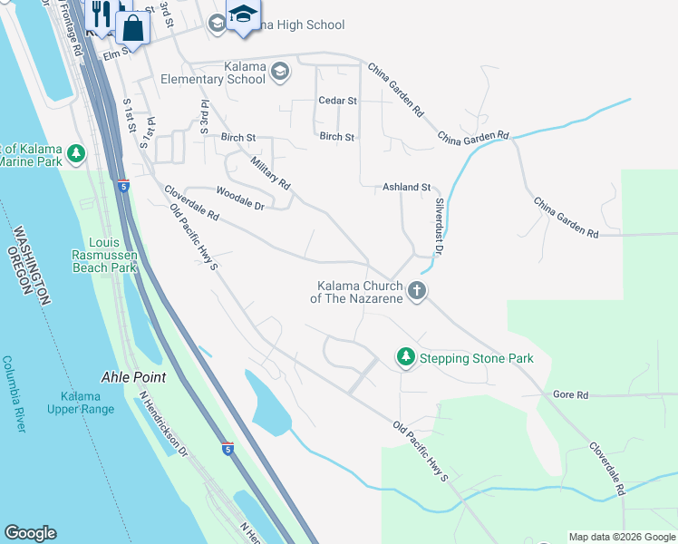map of restaurants, bars, coffee shops, grocery stores, and more near 215 Cloverdale Road in Kalama