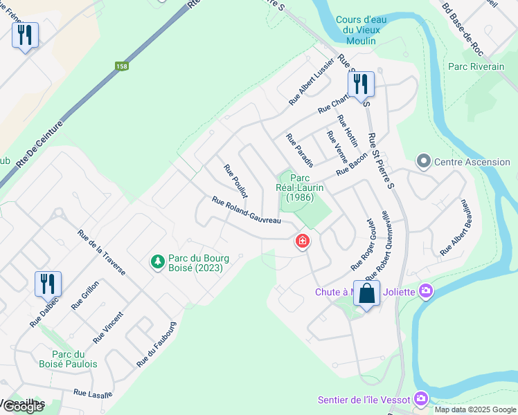 map of restaurants, bars, coffee shops, grocery stores, and more near 1467 Rue Gaby Denomme in Joliette