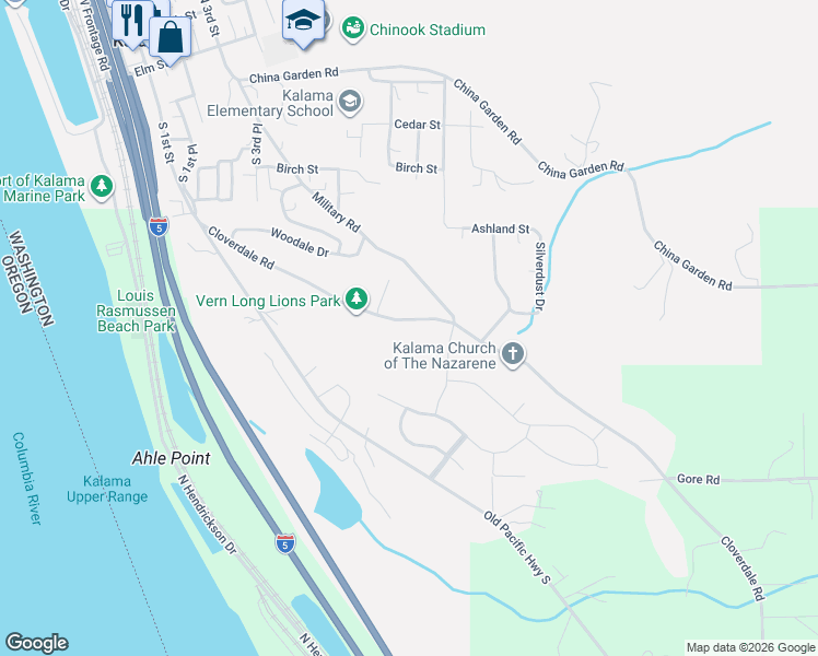 map of restaurants, bars, coffee shops, grocery stores, and more near 215 Cloverdale Road in Kalama