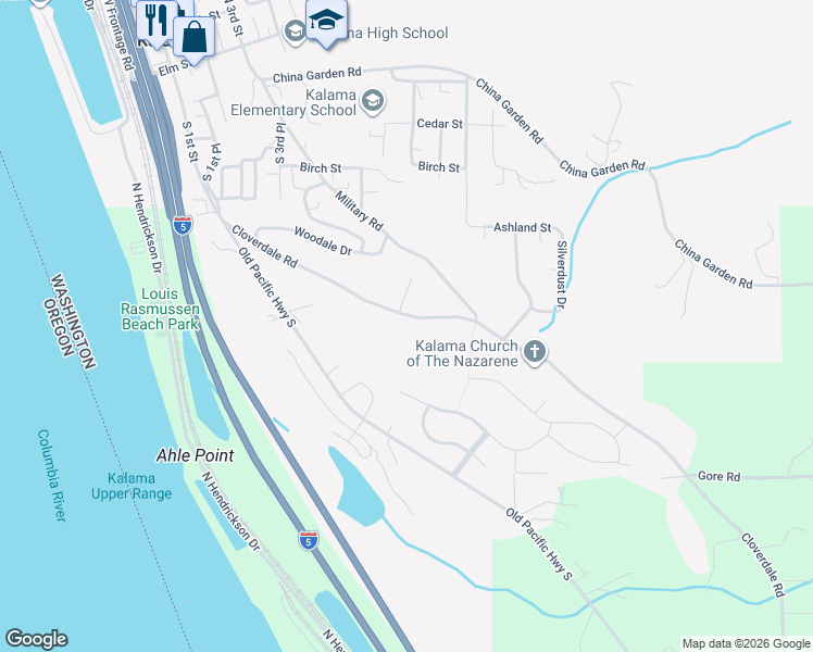 map of restaurants, bars, coffee shops, grocery stores, and more near 17 Parkland Drive in Kalama