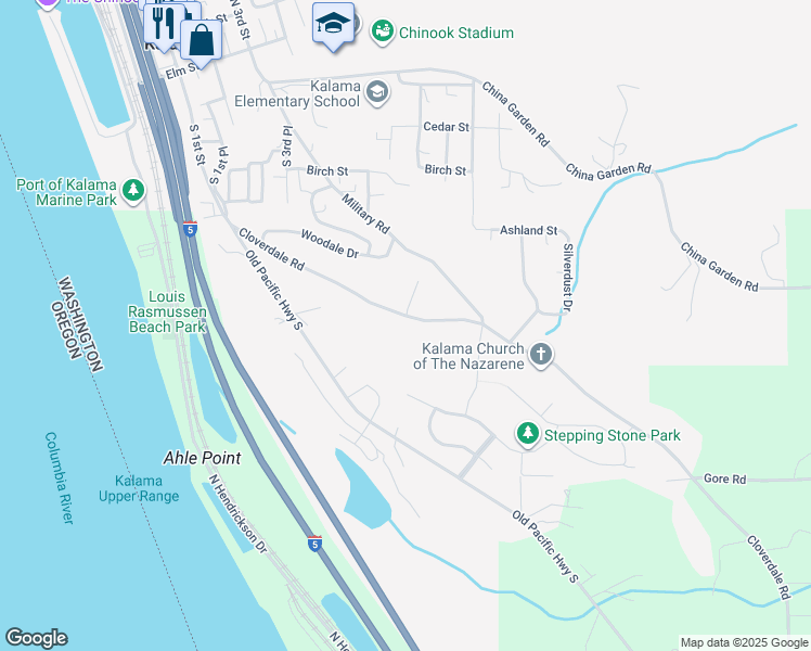 map of restaurants, bars, coffee shops, grocery stores, and more near 17 Parkland Drive in Kalama