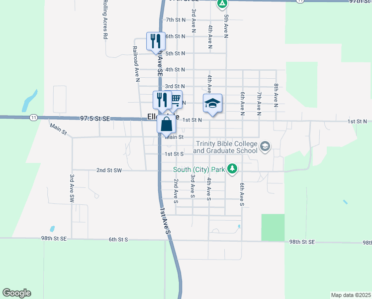 map of restaurants, bars, coffee shops, grocery stores, and more near 213 1st Street South in Ellendale