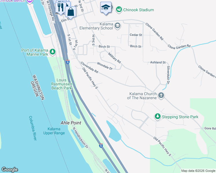 map of restaurants, bars, coffee shops, grocery stores, and more near 6420 Old Pacific Highway South in Kalama