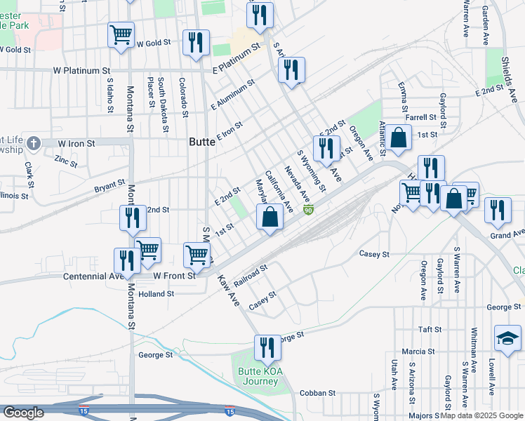 map of restaurants, bars, coffee shops, grocery stores, and more near 1106 Delaware Avenue in Butte
