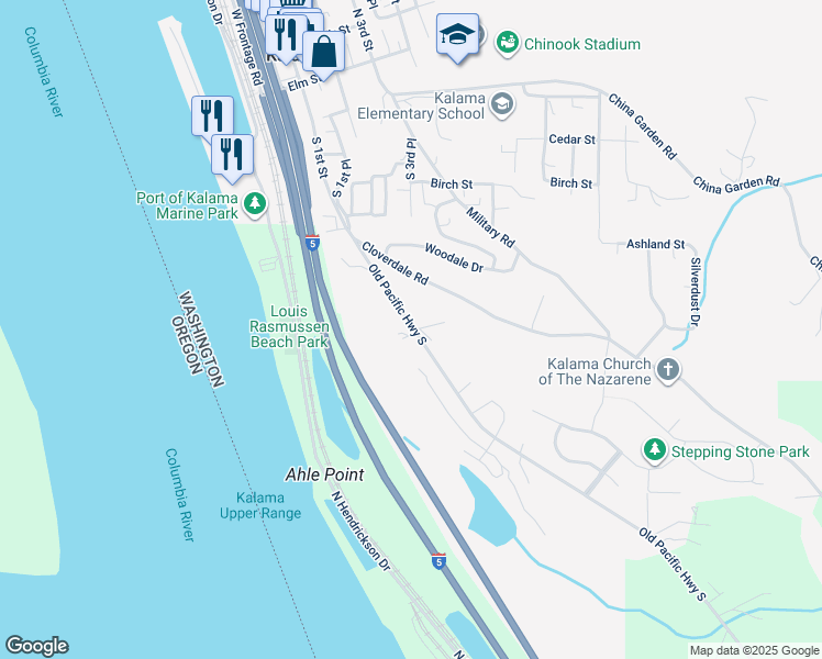 map of restaurants, bars, coffee shops, grocery stores, and more near 6420 Old Pacific Highway South in Kalama