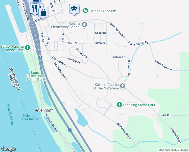 map of restaurants, bars, coffee shops, grocery stores, and more near 17 Parkland Drive in Kalama