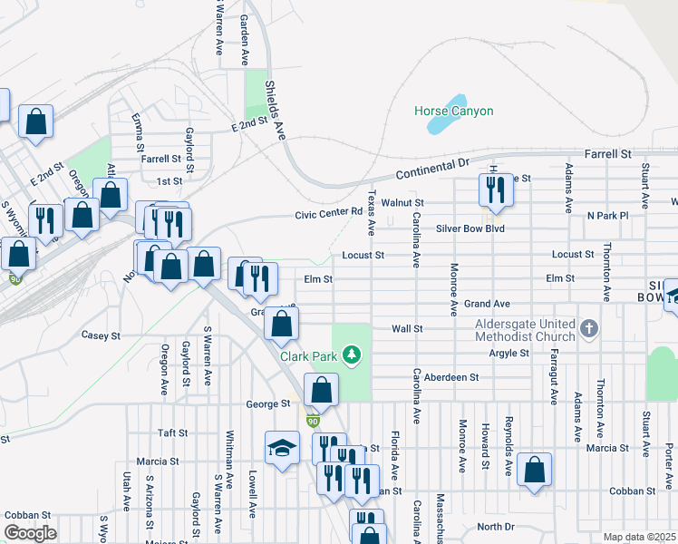map of restaurants, bars, coffee shops, grocery stores, and more near 1747 Grand Avenue in Butte
