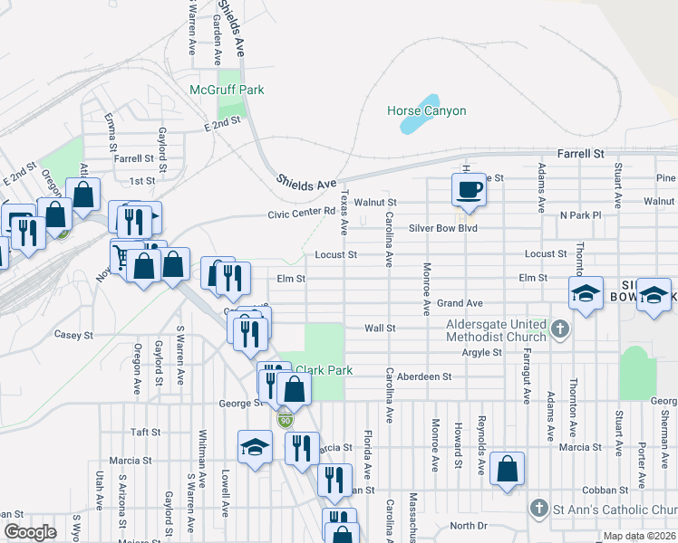 map of restaurants, bars, coffee shops, grocery stores, and more near 1833 Grand Avenue in Butte