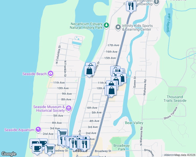 map of restaurants, bars, coffee shops, grocery stores, and more near 727 12th Avenue in Seaside