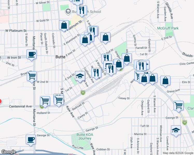 map of restaurants, bars, coffee shops, grocery stores, and more near 1121 Nevada Avenue in Butte