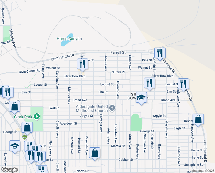 map of restaurants, bars, coffee shops, grocery stores, and more near 2403 Locust Street in Butte