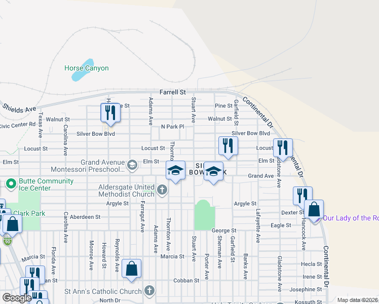 map of restaurants, bars, coffee shops, grocery stores, and more near 1455-1497 Stuart Avenue in Butte