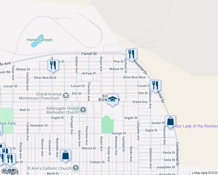map of restaurants, bars, coffee shops, grocery stores, and more near 2618 Locust Street in Butte