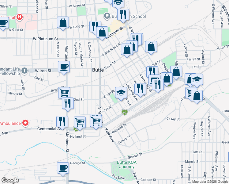 map of restaurants, bars, coffee shops, grocery stores, and more near 901 Delaware Avenue in Butte