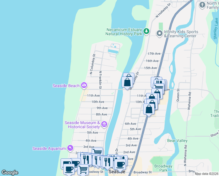 map of restaurants, bars, coffee shops, grocery stores, and more near 460 12th Avenue in Seaside
