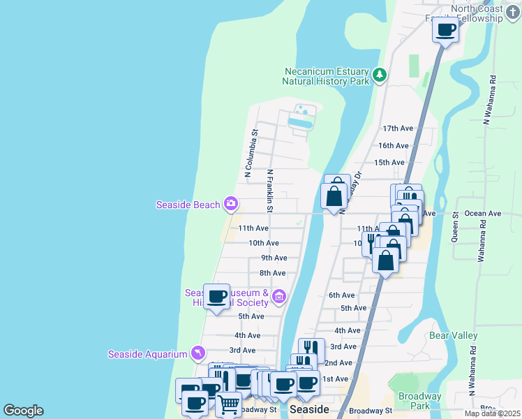 map of restaurants, bars, coffee shops, grocery stores, and more near 251 13th Avenue in Seaside