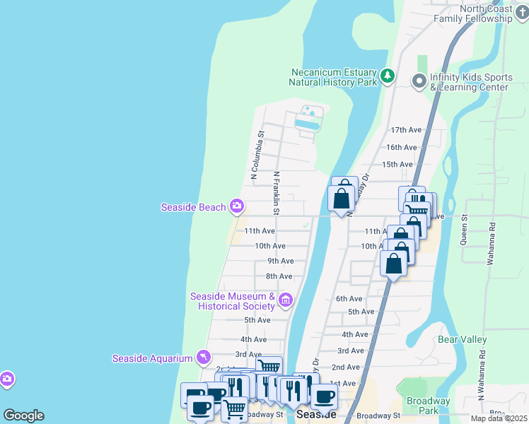 map of restaurants, bars, coffee shops, grocery stores, and more near 251 13th Avenue in Seaside