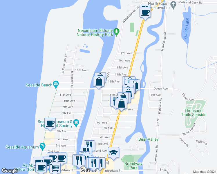 map of restaurants, bars, coffee shops, grocery stores, and more near 720 12th Avenue in Seaside