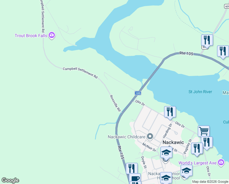 map of restaurants, bars, coffee shops, grocery stores, and more near 17 Rossville Road in Nackawic