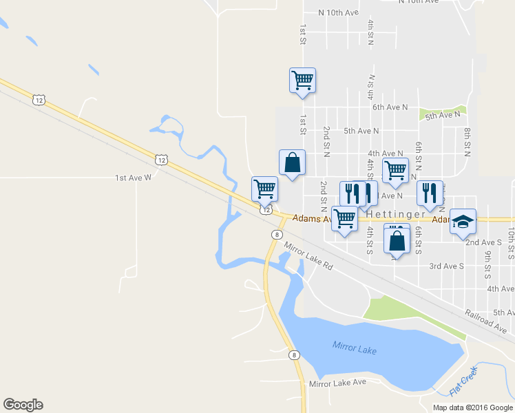 map of restaurants, bars, coffee shops, grocery stores, and more near U.S. 12 in Hettinger