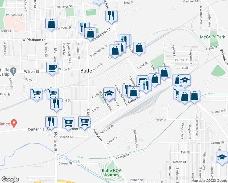 map of restaurants, bars, coffee shops, grocery stores, and more near 1024 Maryland Avenue in Butte