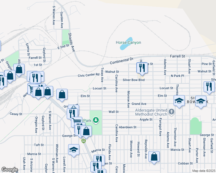 map of restaurants, bars, coffee shops, grocery stores, and more near 1921 Locust Street in Butte