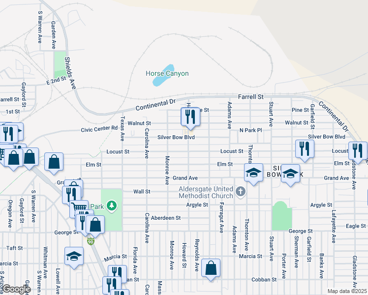 map of restaurants, bars, coffee shops, grocery stores, and more near 2121 Locust St in Butte