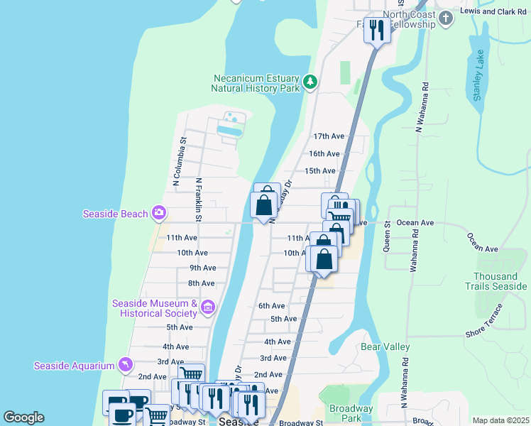 map of restaurants, bars, coffee shops, grocery stores, and more near 1270 N Holladay Dr in Seaside